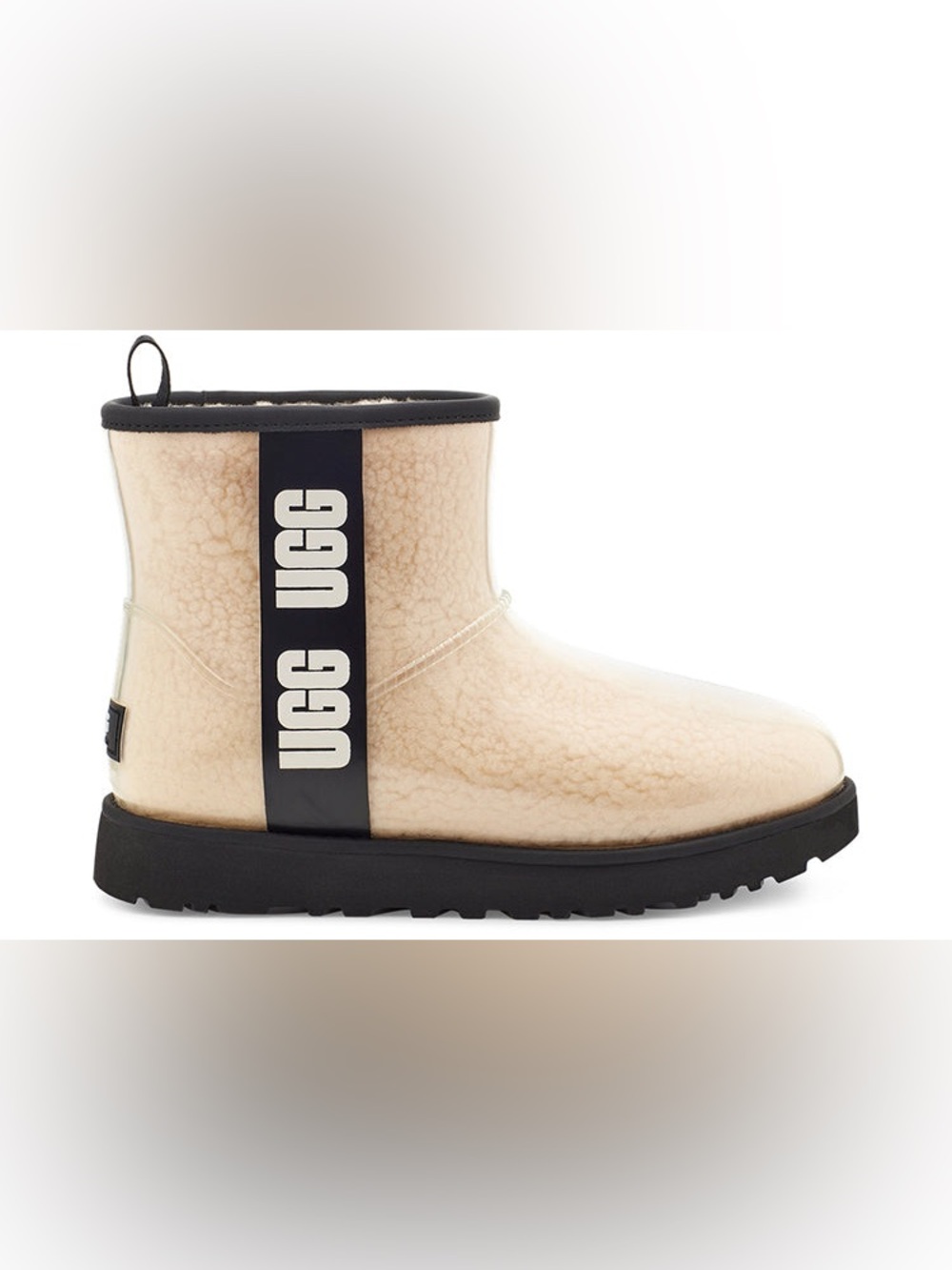 UGG Cream Shearling-Style Short Boot with Black Logo Strap